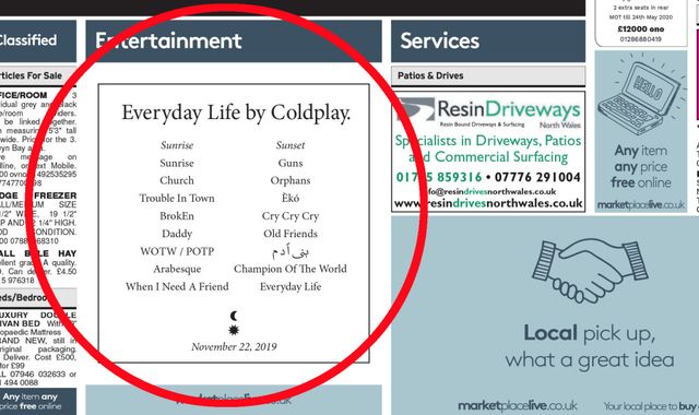 Coldplay reveal 'Everyday Life' album tracks through advert in local paper